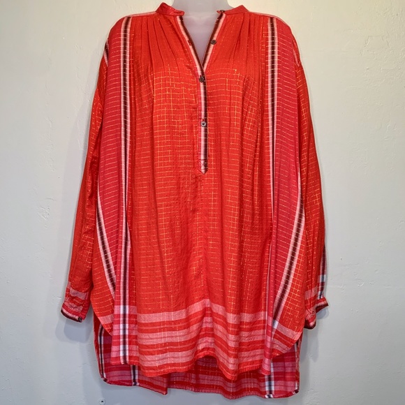 FP Checkered Pattern Lurex Metallic Threading Semi Sheer Jewel Tone Tunic Blouse - Picture 2 of 8